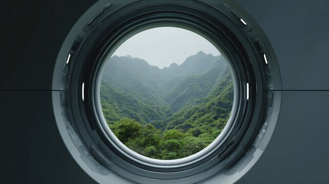 Forested mountains seen through a round window, sci-fi aesthetic