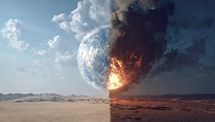 A split-screen visual of Earth, showing contrast in its environment