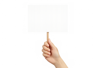 Hand holding a small blank white protest sign on a wooden stick mockup. Isolated on transparent background, png