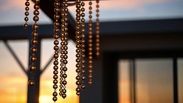 Golden bead chains hanging as decoration on a modern balcony. Close-up of decor with a warm sunset background and bokeh. Abstract and elegant concept