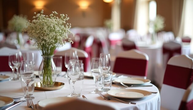 Elegant banquet table set with white flowers. Place settings include plates glasses and silverware. Burgundy chair sashes add festive color to the formal dining room setup for a special event.