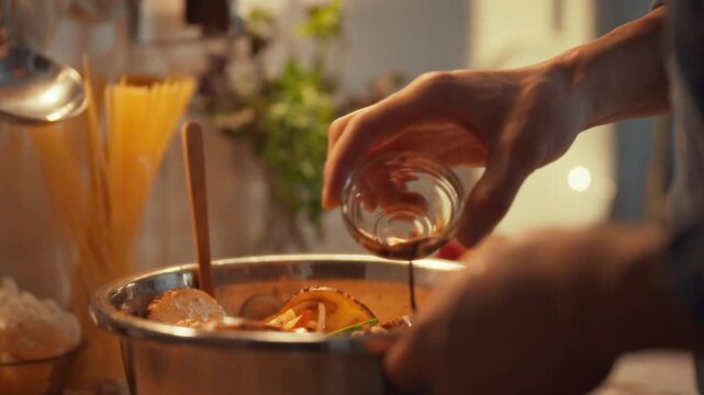 A person adds marinade sauce to a bowl of fresh vegetables while preparing dinner in a cozy kitchen. The warm light creates a welcoming atmosphere for sharing a meal