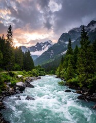 A breathtaking landscape. River rushes through valley. Towering mountains, green trees, and dramatic clouds, illuminated by sunlight