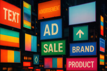 Colorful digital billboards with text advertising sale, brand, product, and directional arrow in dark urban setting, creating vibrant and dynamic atmosphere