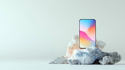 A modern smartphone with a vibrant, abstract gradient on its screen, positioned atop a cluster of textured, organic-shaped rocks. The background is a clean, lig