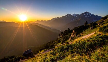 A breathtaking landscape with a bright sunburst over towering mountain peaks at dawn or dusk, with a pathway