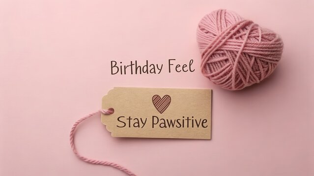 A yarn heart with a positive message on a pink tag