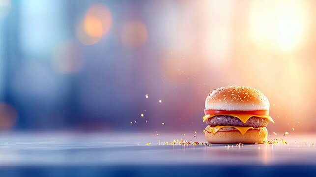 A delicious double cheeseburger with sesame seed bun, melted cheese, and tomato, placed on a reflective surface with a soft, blurred background of warm bokeh li
