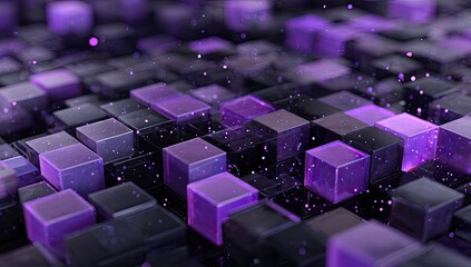 Abstract digital art with 3D cubes, purple and grey, scattered particles in bokeh effect