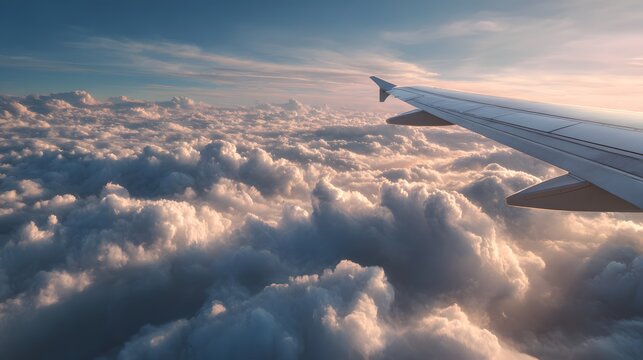 Fototapeta Airplane wing soaring above a beautiful sea of clouds during a golden sunset.