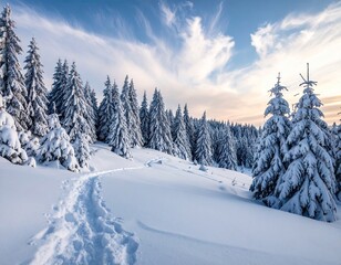 Snow Covered Evergreen Trees Line Footpath Through Pristine White Landscape Under Cloudy Blue Sky During Winter In Sunlight