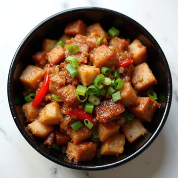 Delicious savory meal served in black bowl. Sizzling pork sisig dish. Crispy cubes of pork belly stir-fried with onions, red chili, flavorful sauce. Topped with fresh green onions for garnish,