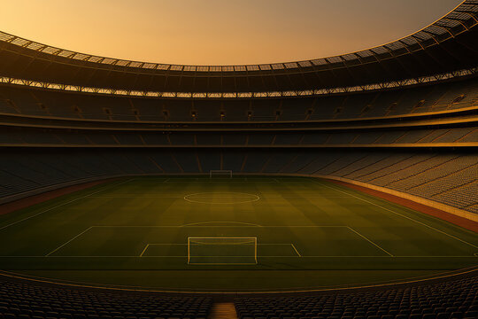 Empty soccer stadium sunset green grass field goalpost seating area sports arena outdoor architecture evening light wide angle