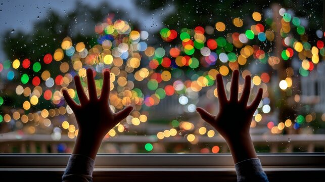 Child's hands pressed against a rain streaked window viewing colorful holiday lights bokeh