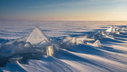 Frozen Ice Formations on a Snowy Shoreline at Golden Hour with Clear Horizon and Soft Sunlight