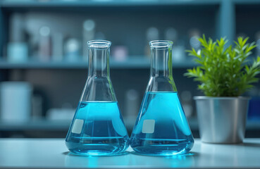 Two Erlenmeyer flasks hold blue liquid in modern chemistry lab. Small green plant sits nearby on white bench. Setup suggests scientific research, chemical experiment, biological study for future