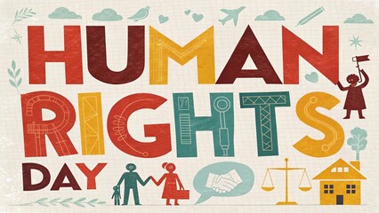 Colorful bold typography poster with geometric shapes vibrant letters and modern layout promoting universal equality justice freedom and global human rights celebration.