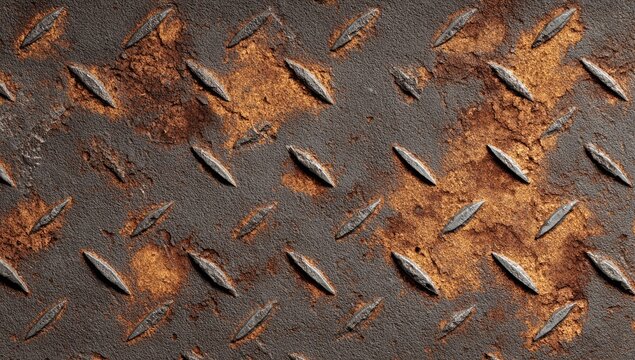 Close-up of weathered, diamond-patterned metal surface with rust patches. Abstract industrial texture