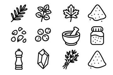 Herbal Blend Icons. Herbal and Aromatic Blends linear icon set: rosemary twig, oregano flakes, parsley leaf, garlic powder, chili flakes, coriander seeds, mortar and pestle, herb