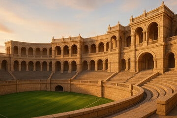 Obraz premium Ancient stone amphitheater with arched architecture and tiered seating under warm sunset sky, evoking peaceful and historic atmosphere