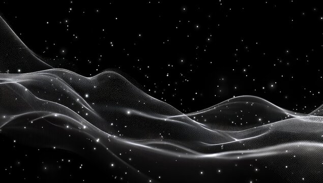 Abstract wavy, shimmering lines against a dark backdrop with sparkling particles