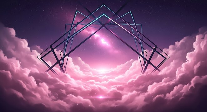 Dreamscape with geometric forms and ethereal sky, cloud surreal journey