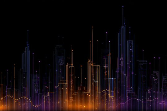 Digital city skyline with glowing lines and points against a stark black background
