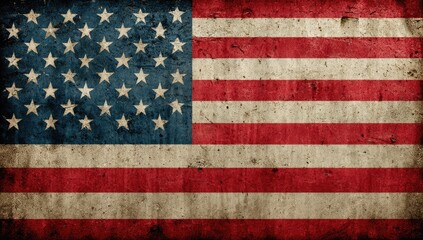 A weathered, vintage rendition of the American flag featuring red stripes and star-studded blue field