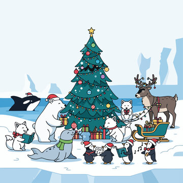 Cute Arctic Animals Singing Christmas Carols Around a Christmas Tree