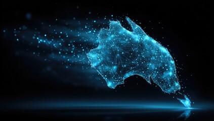 Digitized map of a landmass with glowing blue points and lines, against a dark backdrop