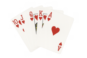 Royal flush of hearts playing cards, showing a winning hand for gambling, poker, and casino games with luck and success