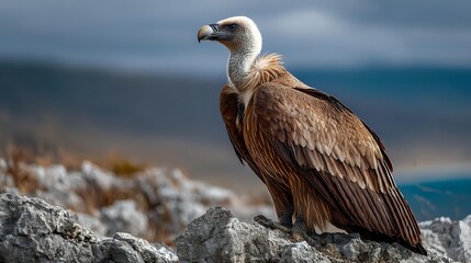 Fototapeta premium Majestic griffon vulture perched on rocky mountain ledge against dramatic blue sky background, showcasing its distinctive brown plumage and white head.