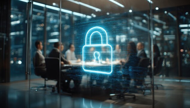 Modern business meeting with digital lock symbol overlayed on glass, security - Powered by Adobe