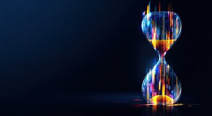 Digital hourglass with streaks of light, representing time passing against a dark background