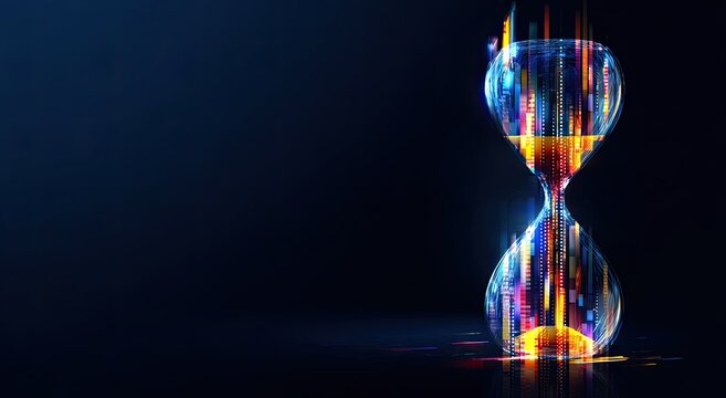 Digital hourglass with streaks of light, representing time passing against a dark background - Powered by Adobe