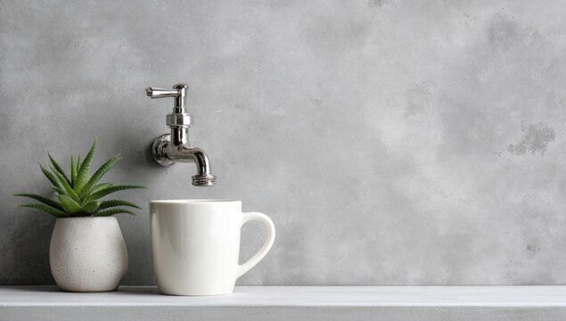 A white mug and tiny succulent below a faucet on a white shelf against a textured gray wall