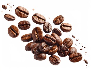 Obraz premium Roasted coffee beans cascade diagonally on a white background