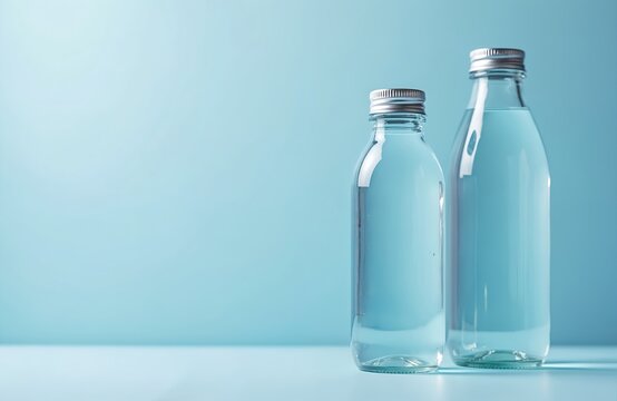 Two clear glass water bottles sit on light blue surface. They are filled with fresh pure water, closed with metal caps. Copy space left for text about hydration, refreshment.
