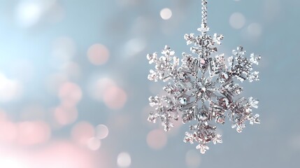 Sparkling silver snowflake ornament hanging against soft blue and pink bokeh background, creating festive winter holiday atmosphere.