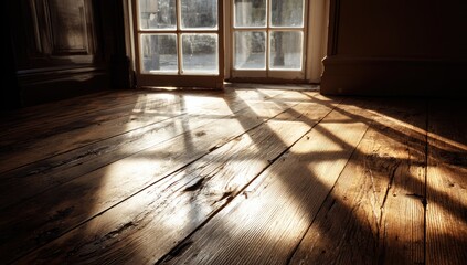 Sunlight streams across a wooden floor through a window, highlighting grain and texture
