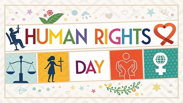 Vibrant flat design banner with bold multicolor text geometric elements and modern layout symbolizing equality justice peace and global human rights celebration.