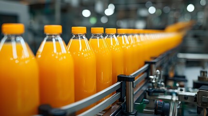 Row of orange juice bottles on automated production line in beverage factory, industrial manufacturing process with bright yellow caps.