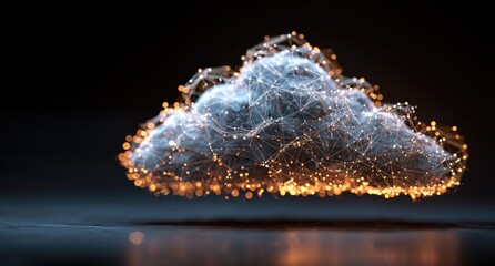 Digital cloud illustration with illuminated edges, intricate network overlay against dark backdrop