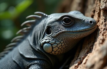 Fototapeta premium Close up view of grey monitor lizard head on tree bark. Reptile with scales and spines looking intently, showing its eye and nostril. Wildlife animal in natural habitat.
