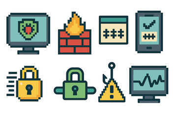 Pixel Art Cybersecurity Icons. Cybersecurity tools pixel style icon set: antivirus software, firewall wall, password manager, multi-factor authentication, encryption lock, secure