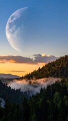 A breathtaking landscape with a massive moon rising above forested hills at sunset. The sky displays vibrant colours