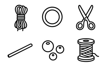 Crafting Tools Icons. Craft Materials linear icon set. cotton cord, wooden ring, scissors, dowel rod, beads, spool of thread