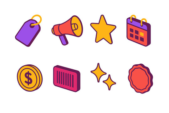Vibrant Promo Icons. Promo Deals flat icons set. price tag, megaphone, star, calendar, coin, barcode, sparkle, sale badge