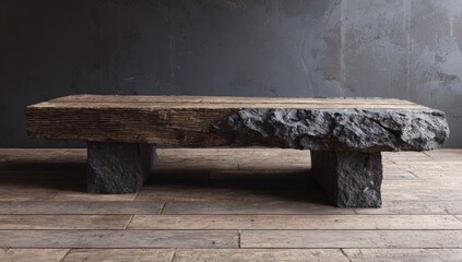 A rustic wooden and stone coffee table against a textured gray wall and wooden floor