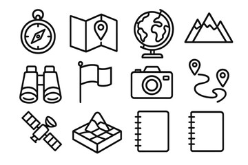 Field Study Icons. Geographic Field Study linear icon set. compass, map, globe, mountain, binoculars, flag, camera, road path, location pin, satellite, terrain grid, notebook